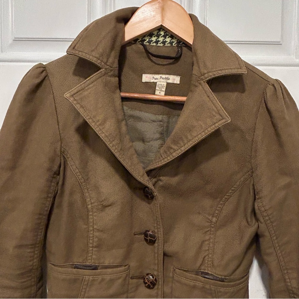 FREE PEOPLE Moto Jacket Olive Army Green Military Coat Leather Trim Buttons Sz 4 - Picture 4 of 11